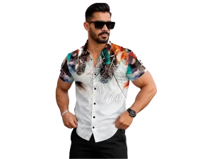 Men's Summer Hawaiian Shirt, Palm Tree Print, Short Sleeve Button Down, White and Black
