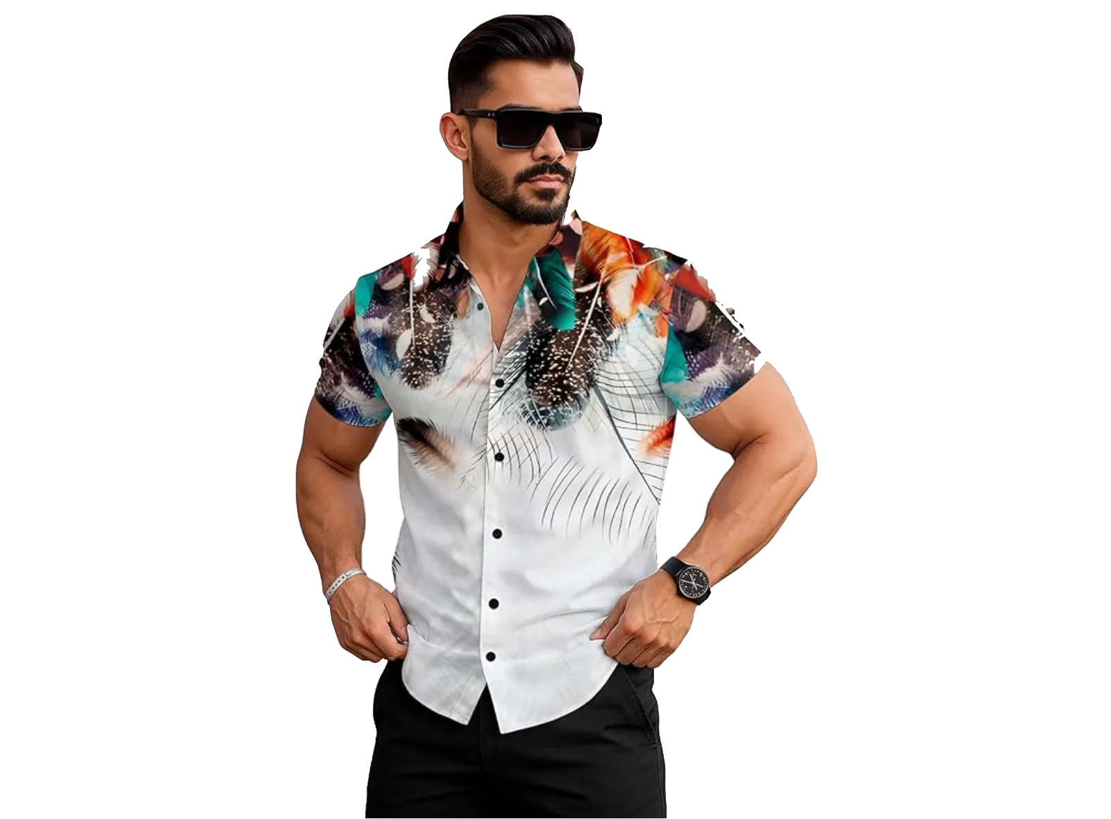 Men's Summer Hawaiian Shirt, Palm Tree Print, Short Sleeve Button Down, White and Black